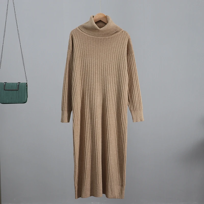 

2021 Turtleneck Cowlneck Women Long Knit Straight Dress Autumn Winter Thick Warm Midi Dress Ribbed Knitted Christmas Dresses