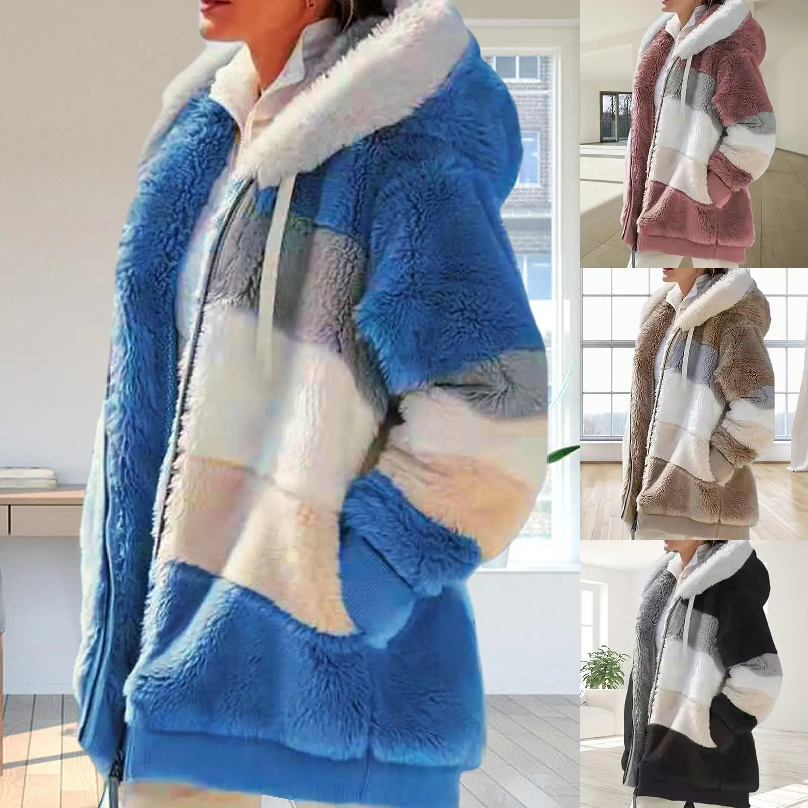 

Jacket 2022 Women Autumn Winter Long Sleeve Color Block Zipper Fluff Hooded Warm Coat Jacket