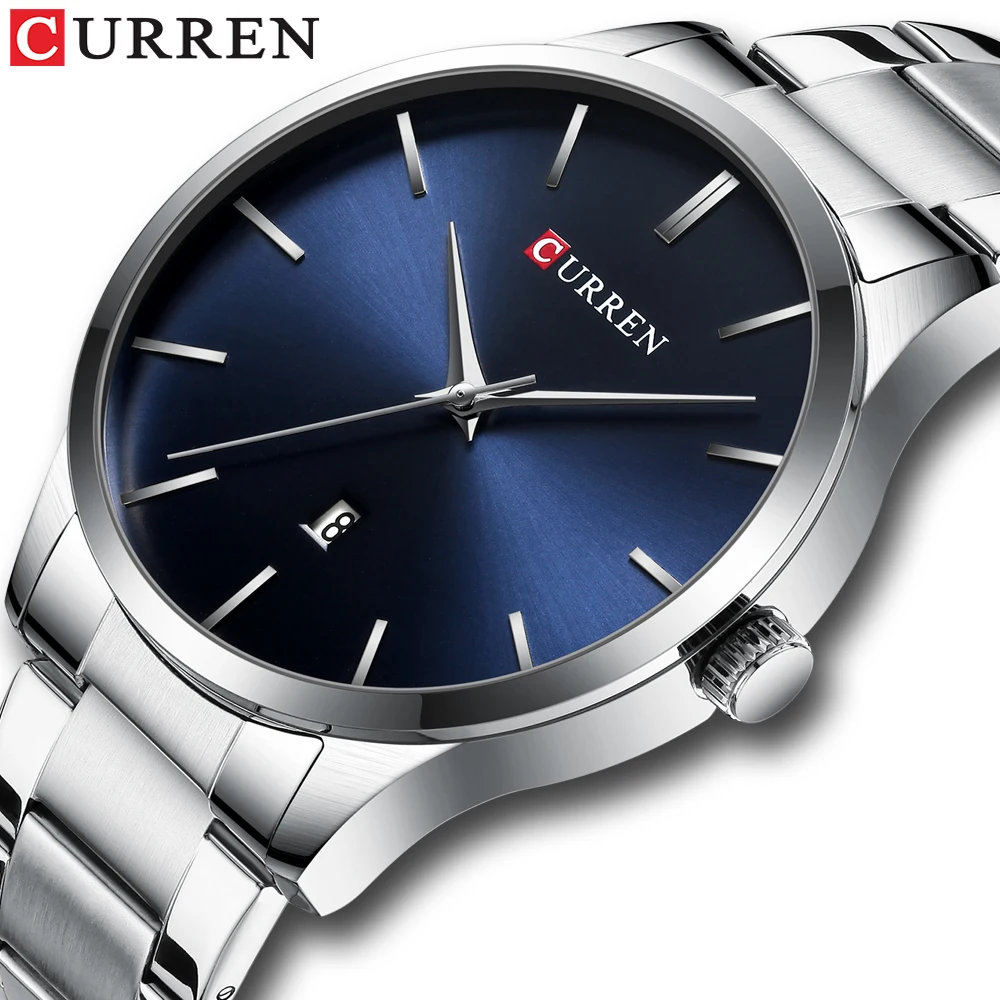 

CURREN New Arrival Male Watch Fashion Reloj Hombre Top Brand Waterprof Silver Stainless Steel Blue Dial Simple Quartz Wristwatch