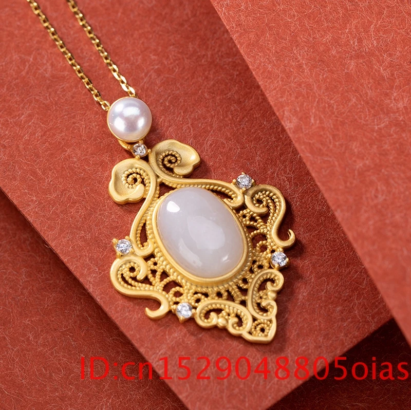 Натуральный белый нефрит Ретро колье с подвеской для халцедона Мода 925