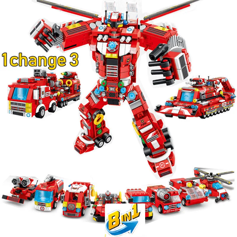 

8 in 1 City Fire Rescue Deformation Robot/Truck Block Set Mini Fire Fight Boat Plane Building Toy For Children