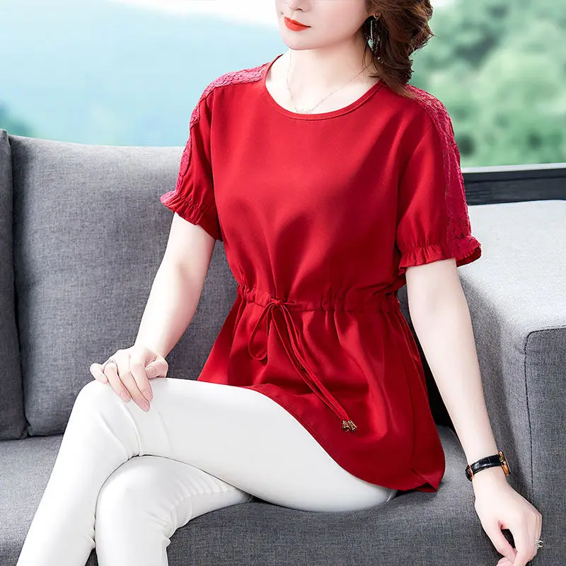 

2021 Women Spring Summer Style Lace Chiffon Blouses Shirt Lady Casual Short Sleeve O-Neck Solid Women's Casual Loose Tops