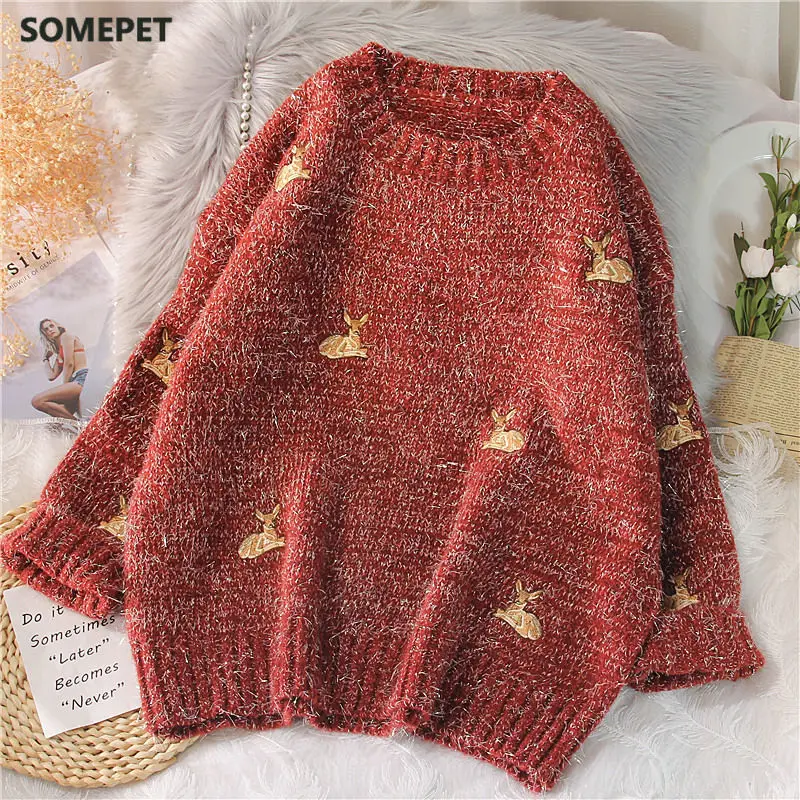 

Women's Kawaii Vintage College Deer Embroidery Sweater Female Korean Thick Cute Loose Harajuku Clothing
