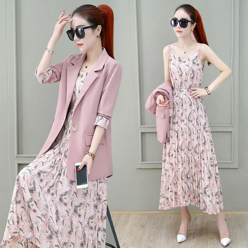 

Women 2020 Spring Autumn Elegant Two Piece Sets Female Floral Print Dress+Suits Casual Blazer Coat And Sling Dresses Suit Y622