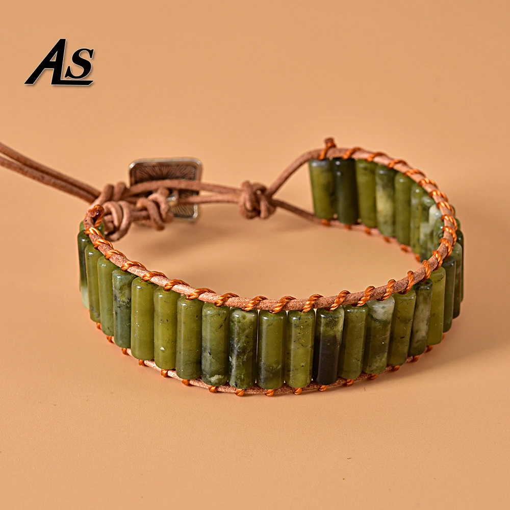 Asingleoo зеленая яшма каменные бусины браслеты богемный кожаный браслет Йога