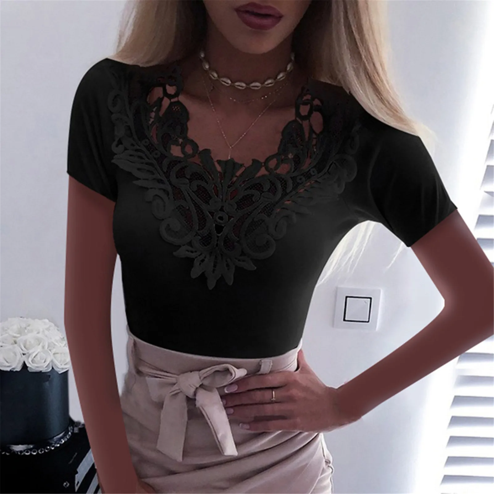 

Womens Lace Patchwork shirt V Neck Summer Short Sleeve Shirt Ladies Elegant Slim Blusas Tops Plus Size Woman Clothing New