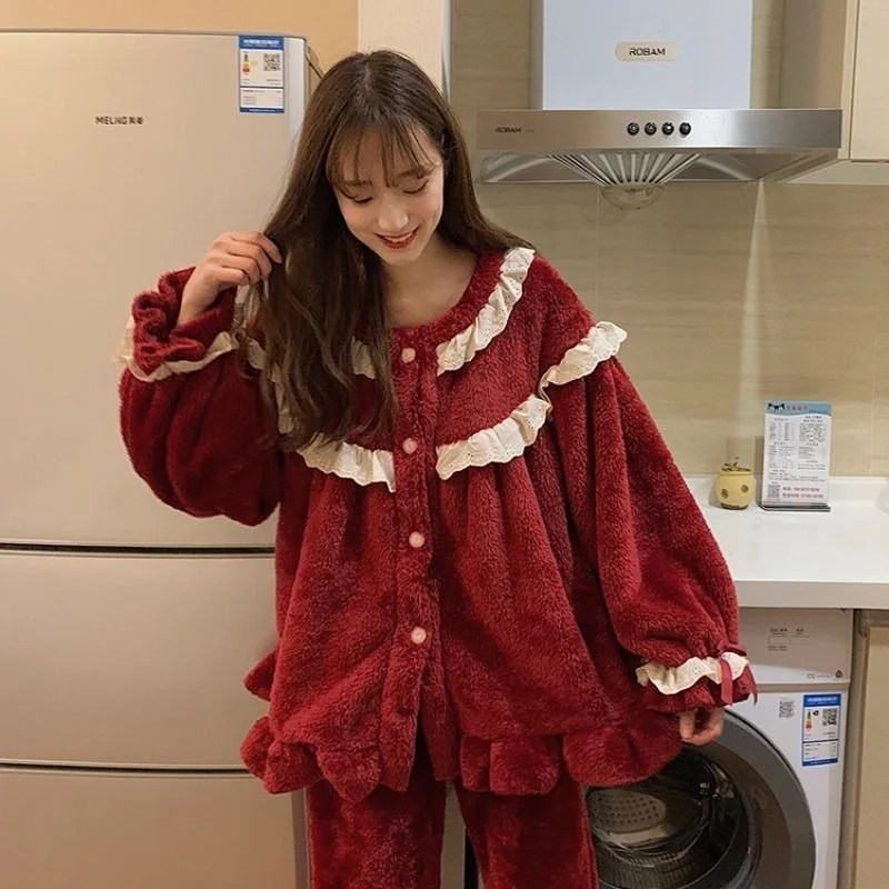 

Sweet Lace Edge Autumn and Winter Pajamas Women Can Wear Thickened Lazy Long Sleeve Casual Home Suit