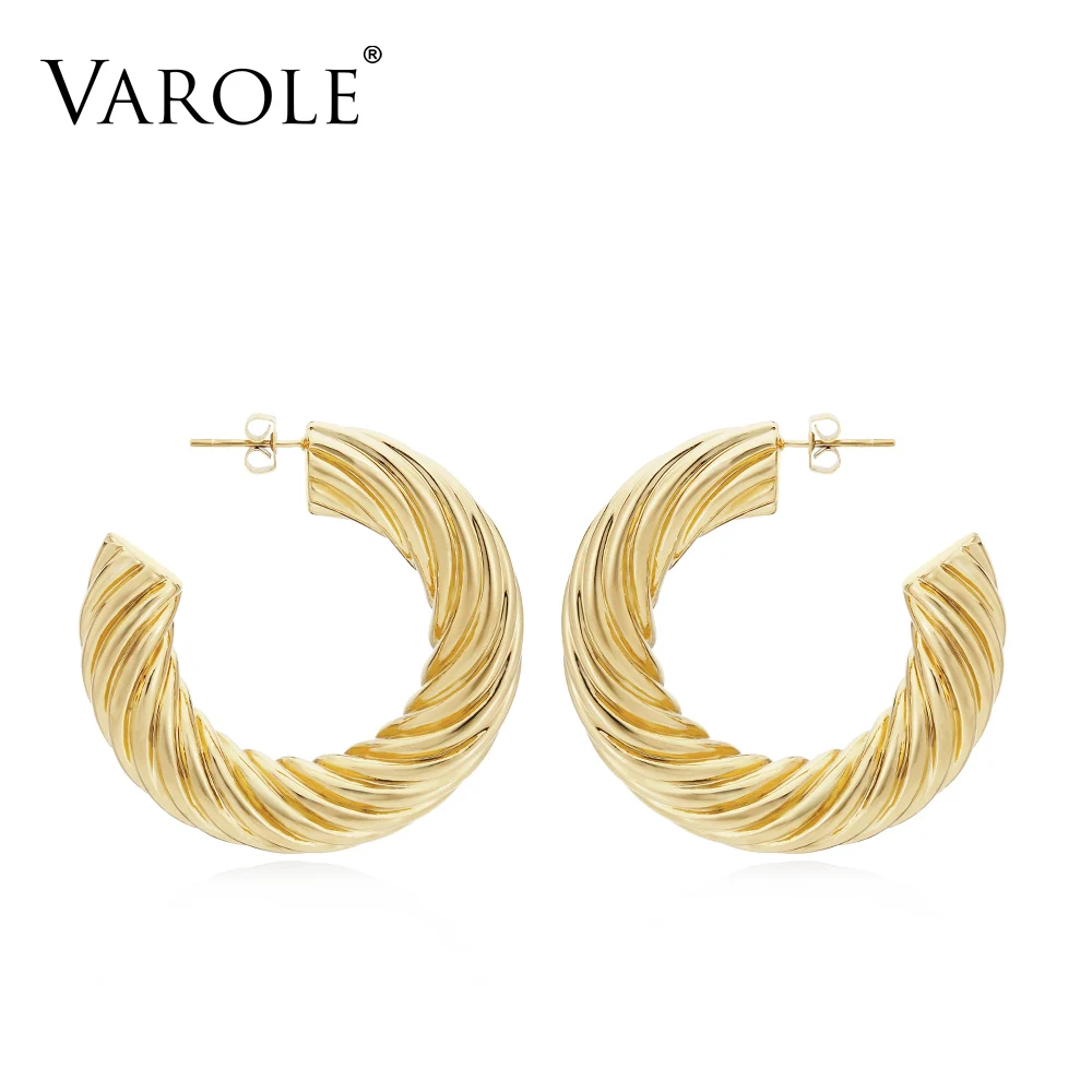 VAROLE большой винтажным витым линии серьги в виде колец золотистого цвета круглые