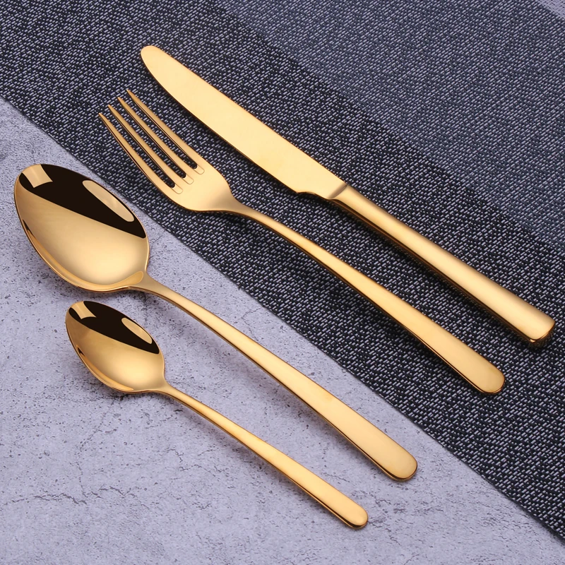 

Gold Mirror Polishing Cutlery Set Stainless Steel Dinnerware Set 4PCS Knife Fork Spoon Silverware Tableware Set Kitchen Flatware