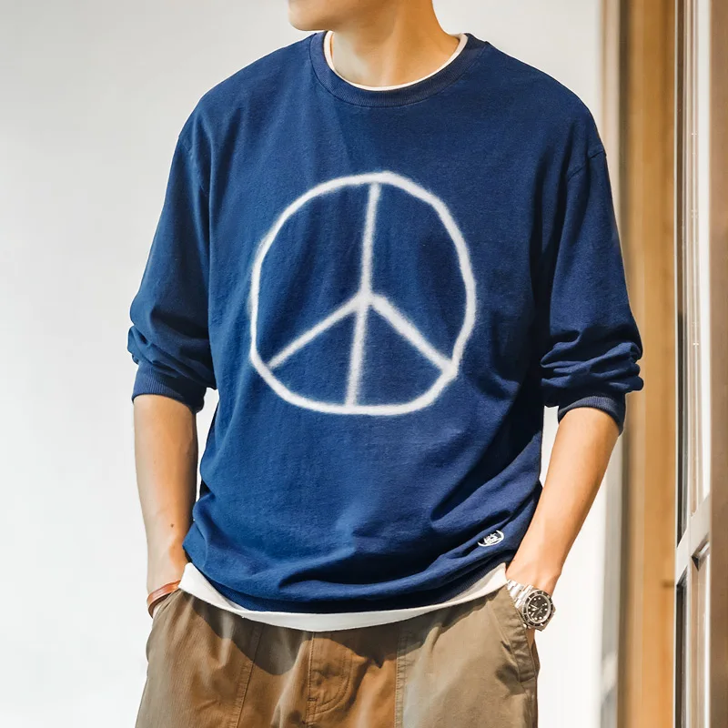 

Maden Tooling Cotton Tie-dye T-shirts For Men Vintage Print Patchwork Indigo Clothing T Shirt O-Neck Blue White Dyed Sweater