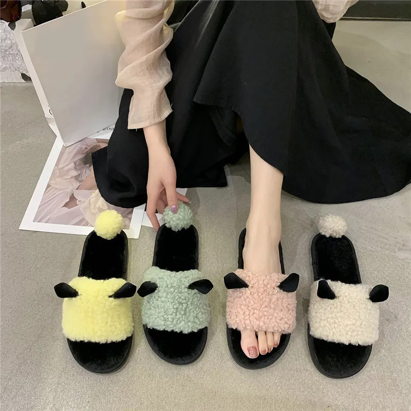 COOTELILI Woman Slippers Winter Shoes For Women New Fashion Sheep Faux Fur Flat Heel Pink Beige Plus Size 40 41 | Обувь