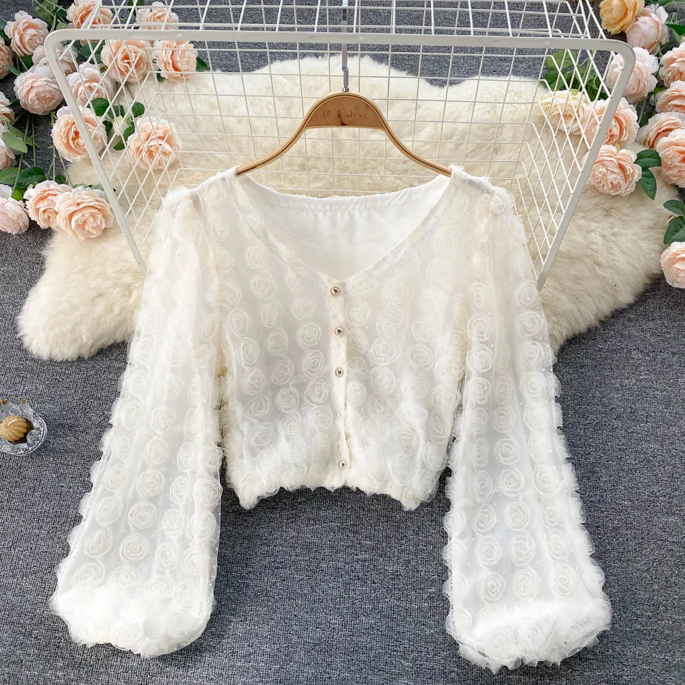 

2021 Autumn Winter New Sweet Temperament Blouse Female V-neck Long-sleeved Three-dimensional Flower Shirt Shirt DF854