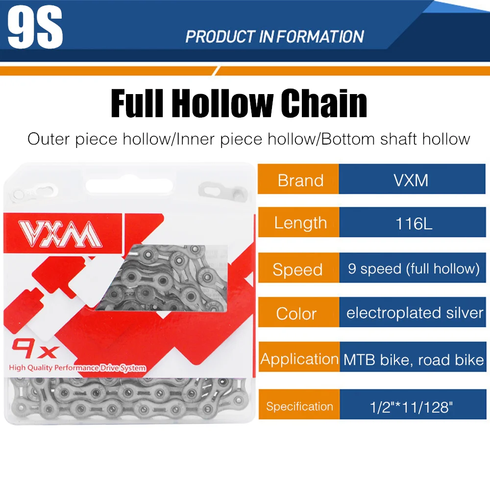 VXM Bicycle Chain Full Hollow 9 10 11 Speed 116L Ultra Light General Variable Plated Chains Accessorie | Спорт и развлечения