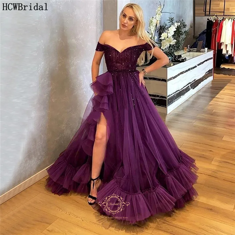 

Long Purple Ball Gown Evening Dress High Slit Off The Shoulder Glitter Beading Tulle Sexy Wedding Party Dresses Robe De Soiree