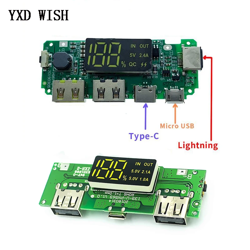 Двойной светодиодный USB 5 в 2 4 А Micro/Type C Мобильный Внешний аккумулятор 18650 зарядный
