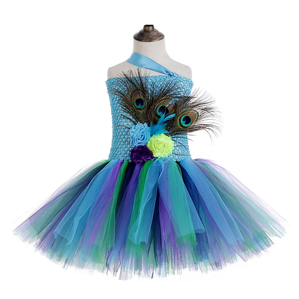 Платье-пачка принцессы с павлином для девочек Вечерние платья из тюля перьями и