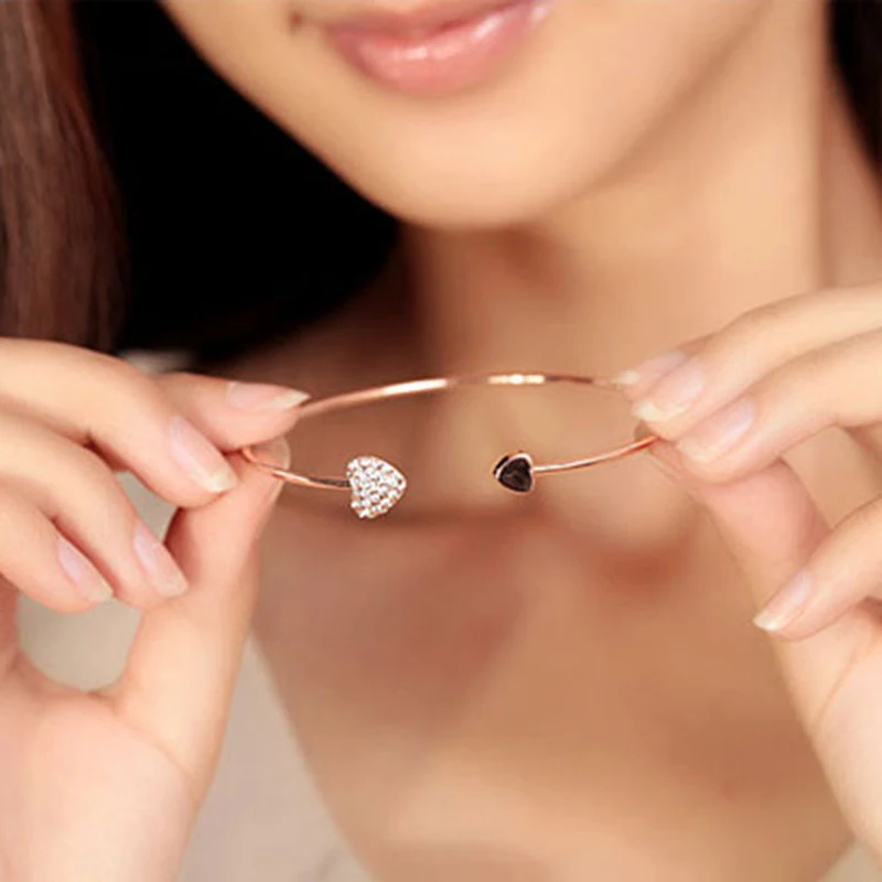 

2020 Hot New Fashion Adjustable Crystal Double Heart Bow Bilezik Cuff Opening Bracelet For Women Jewelry Gift Mujer Pulseras