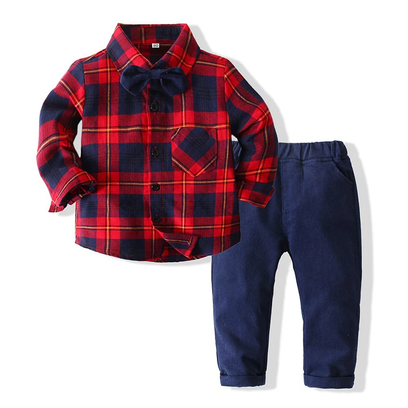 

Осенний Модный повседневный комплект одежды для мальчиков, клетчатая рубашка с бантом и длинными рукавами + комбинезоны, детский джентльме...