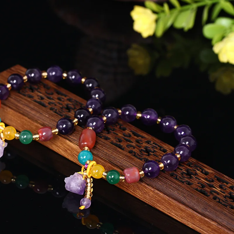 Браслет из натурального аметиста и бусин эластичная веревка аквамарин агат