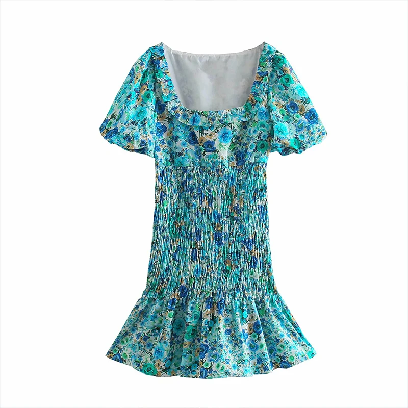 

2021 Summer Women Flowers Print Beach Dress Puff Short Sleeve Ladies Folds Slim Mini Dress Vestidos OZZ1006