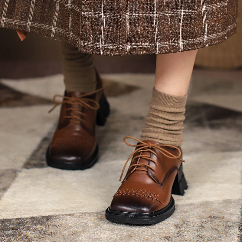 

Cross Tied Chunky Heels Pumps Women Spring Platform Genuine Leather Shoes for Women Working Basic Shoes Woman Heels Woman Flats