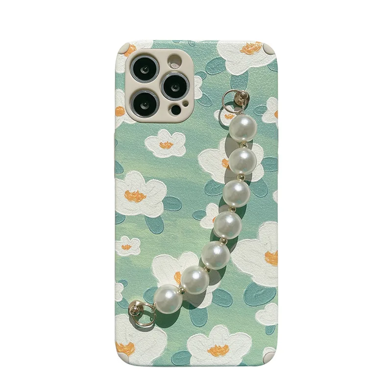 

Mint Green Flower Pearl Bracelet Phone Case For iPhone 12 Mini 11 Pro Max 7 8 Plus X XR XS Max SE 2020 Cover Wrist Strap Cases