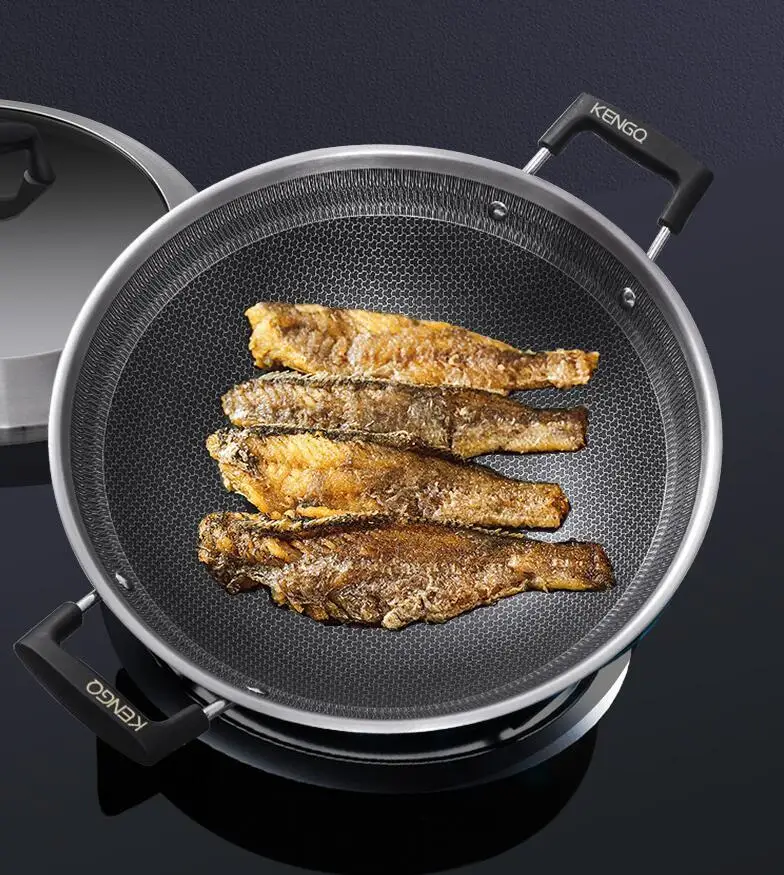 

316 Stainless Steel Honeycomb Non Stick Wok Household Large Double Ear Frying Pan Stir Fried Round Bottomed Wok