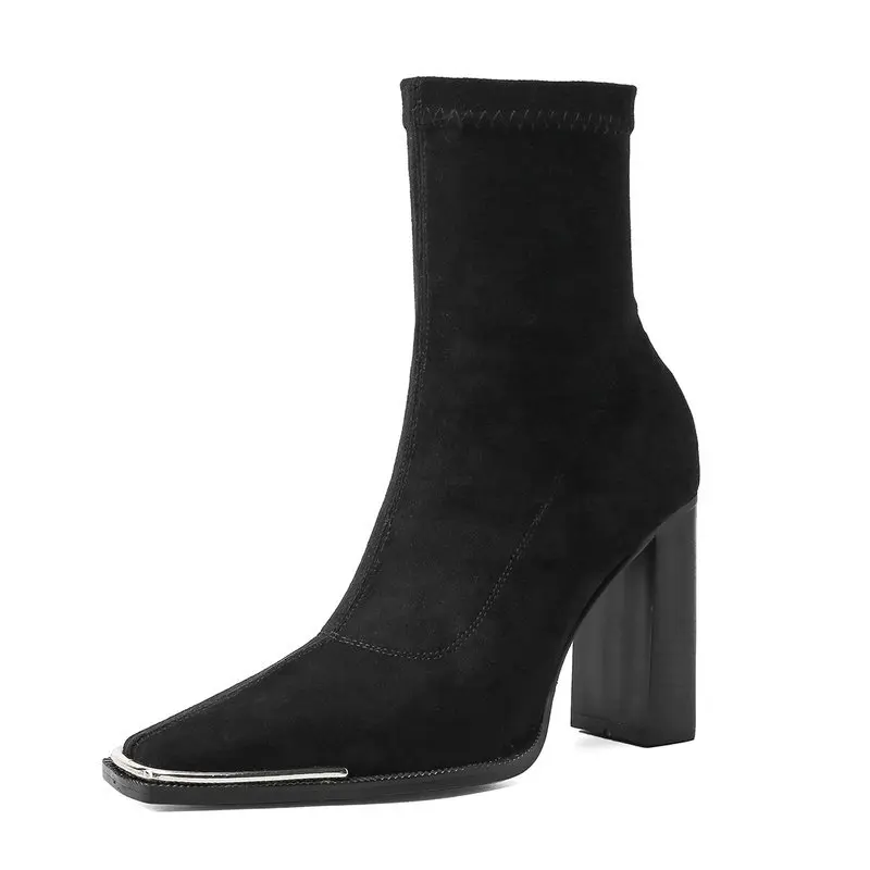 Женские замшевые ботинки без застежки ботильоны на толстом высоком каблуке с