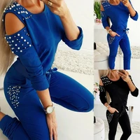womens casual 2 piece outfits hollow out design beading decor o neck longshort sleeve solid topdrawstring slim pencil pants
