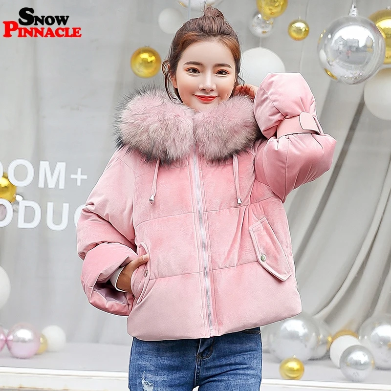 SNOW PINNACLE Autumn Winter short parkas jacket Pink flannel fabric big fur thick warm hooded jacket coat Styled fashion parka