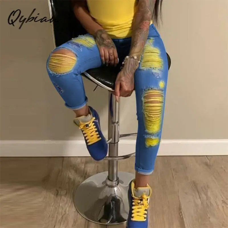 

New Street Trendy Leggings Light Color Perforated Jeans For Women Hole Ladies Pants Sexy Pants Women Pants