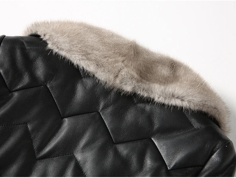 Женский пуховик из натуральной кожи с воротником меха норки|Кожаные куртки| |