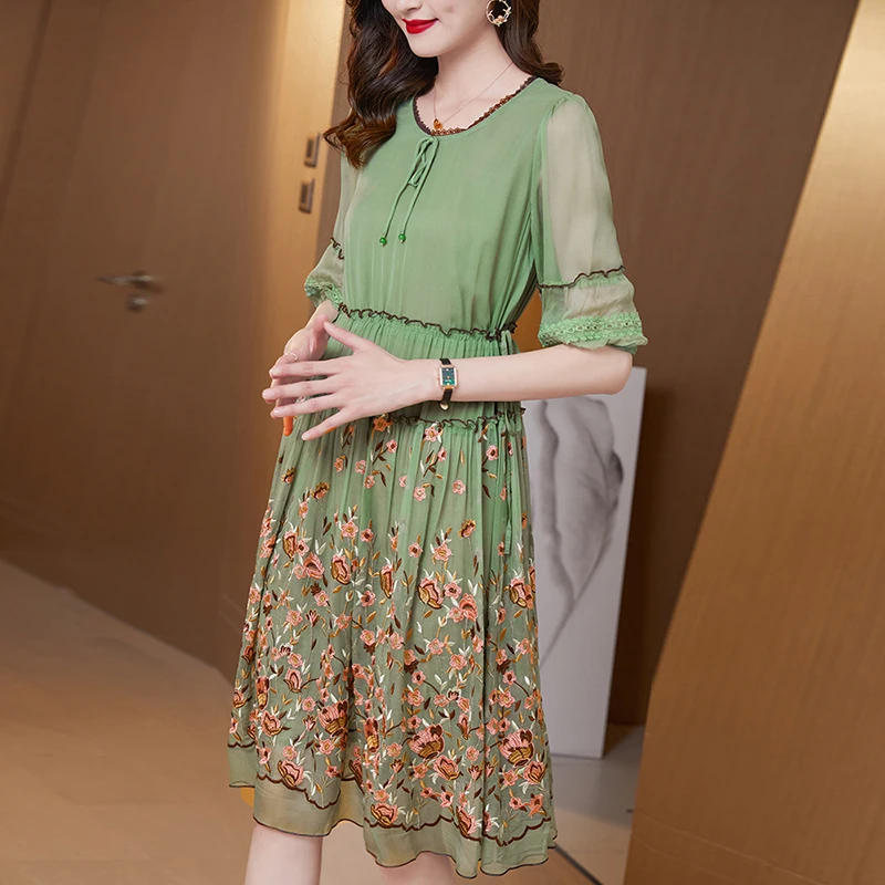 

COIGARSAM 3XL Plus Size Embroidery Women Long dress New Spring Summer Dresses Green Mist 9213