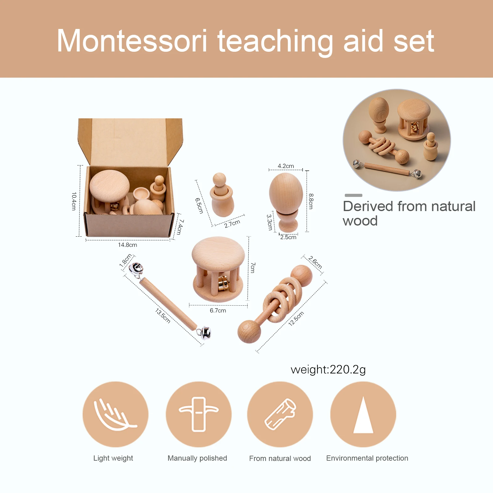 Juego de juguetes de madera Montessori para beb&eacute;, juego de sonajero, pulseras de Educaci&oacute;n Temprana, mordedor de haya, regalo de lactancia para reci&eacute;n nacido, 5/7 Uds.-2