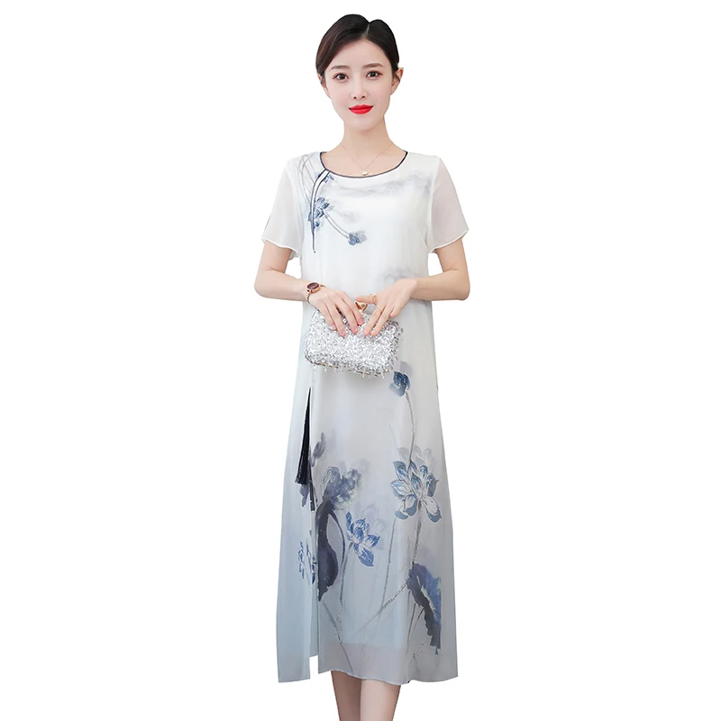 

COIGARSAM 4XL Plus Size Cheongsam Print Women Long dress New Short Sleeve Loose Dresses 8285