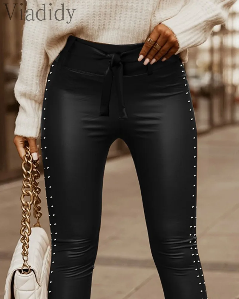 Женские пикантные узкие брюки из ПУ кожи с завышенной талией на шнуровке |