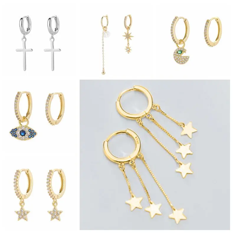 

Real 925 Silver Ear Buckle Rhinestones Hoop Earrings for Women Delicate Tiny Star Cross Sun Earrings Drop Ear Huggies Earrings