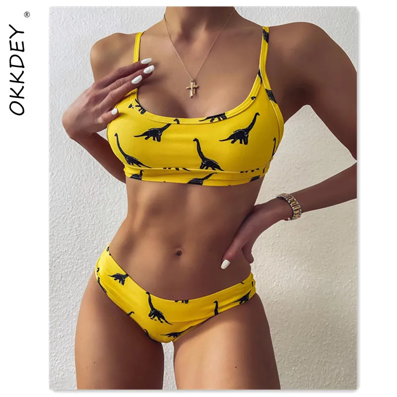 

Бикини с высокой талией и пуш-ап, женский купальник с мультяшным принтом динозавра, Бразильское бикини, Желтый купальный костюм, пляжная оде...