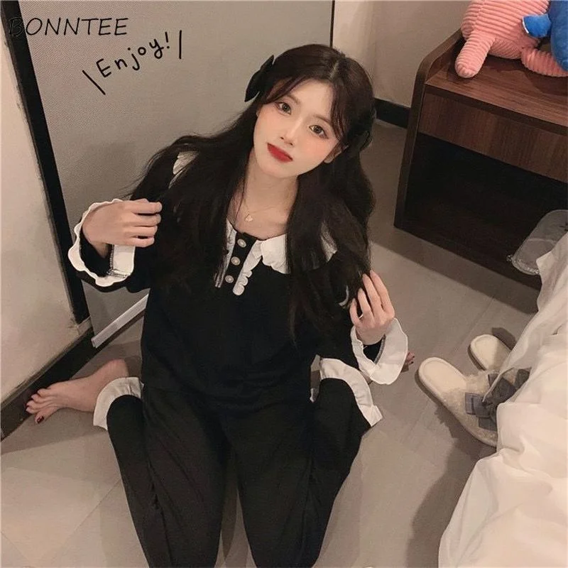 

Pajama Sets Women Patchwork Tender Elegant Female Full Sleeve 2 Pcs Turn Down Collar Cozy College Homewear Sleepwear Ulzzang Ins