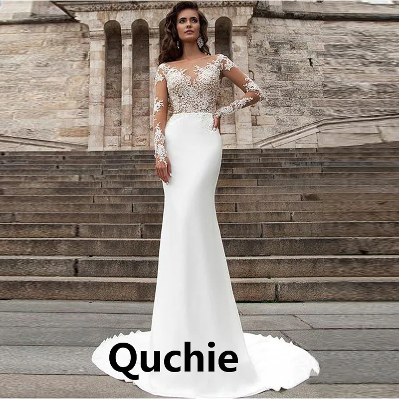 

Простое свадебное платье-русалка, аппликация с длинными рукавами, лиф на пуговицах, Дубай, арабское платье, свадебное платье, Vestido de Noiva