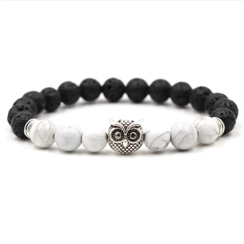 

8mm Black Lava Volcanic Stone Beads Silver Alloy Owl Stretch Bracelet
