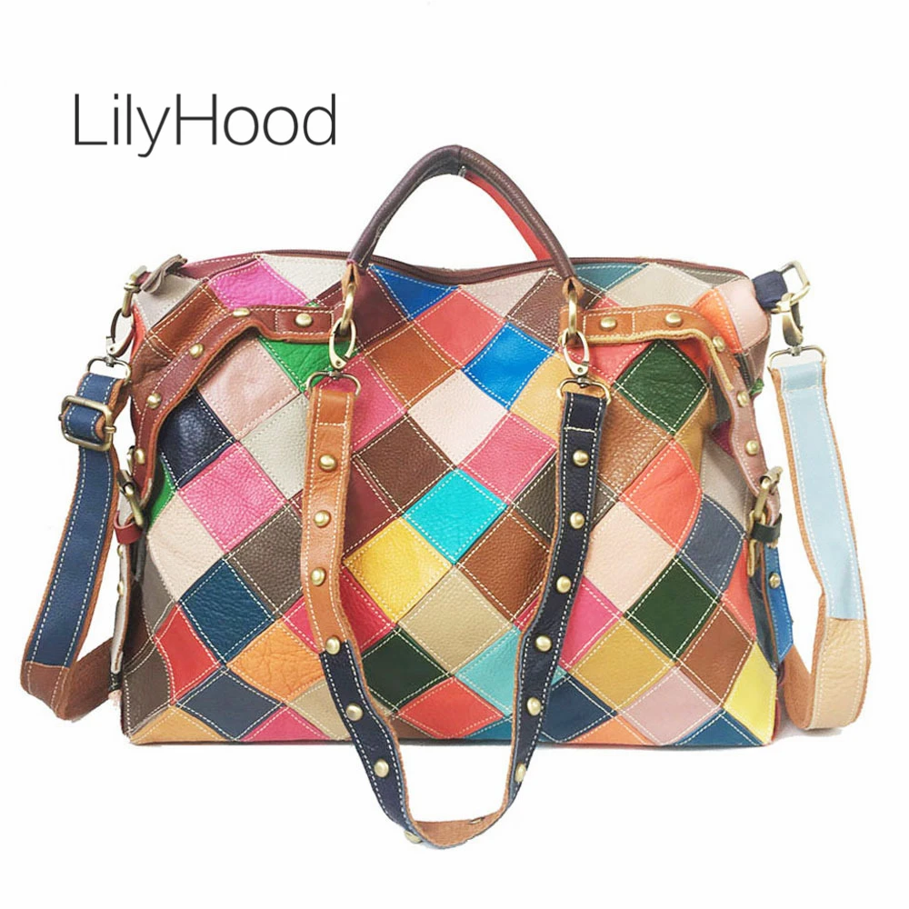 Over Large Cow Leather Multi-color Patchwork Handbag Big Size Weekend Over Night Diaper Genuine Leather Messenger Bag for Women