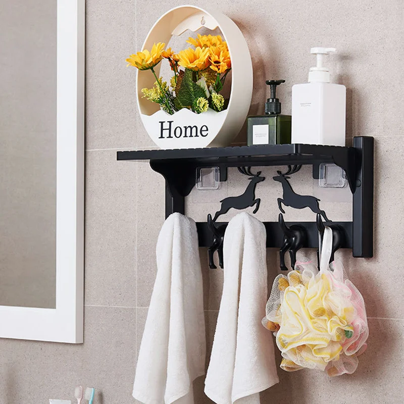 

Storage Rack With 5 Hooks Design Wall-Mounted Punch-free Wall Storage Shelf Coat Hook Rail For Home Hallway Bathroom Closet Room
