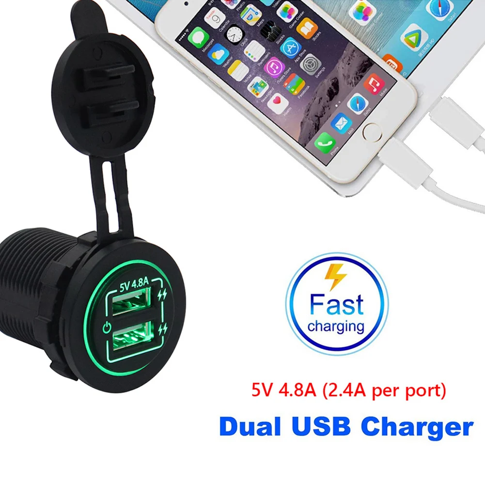 

4.8A Dual USB Fast Charger with Switch Socket Power Outlet Adapter Waterproof Dual USB Ports for Marine RV Boat Motorcycle Truck