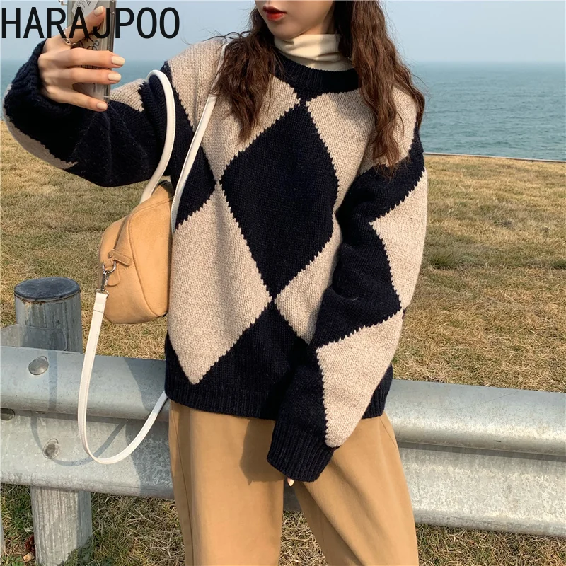 

Harajpoo Sweaters Women Vintage Diamond Thick Spring Autumn 2021 New Style Outer Wear Loose Korean Knitted Long Sleeve Clothes