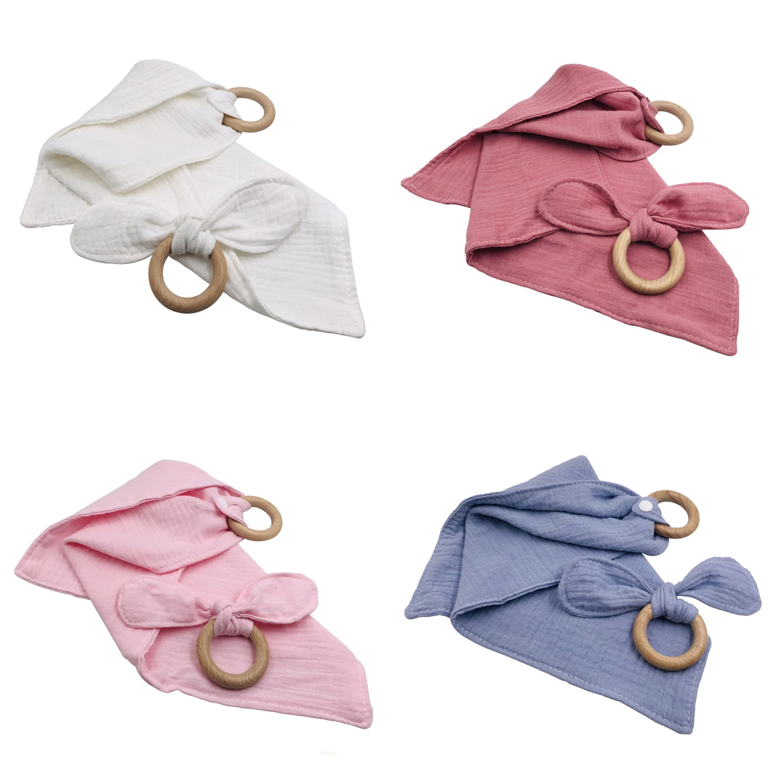 

1set Baby Bibs Cotton Saliva Towel With Wooden Teether Newborn Solid Color Snap Button Soft Triangle Towel Burp Muslin Cloths