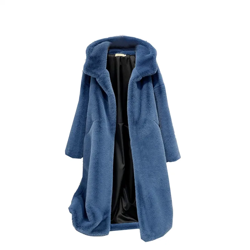 Зимнее меховое теплое пальто с капюшоном, большой размер, средней длины, однотонное, с мехом и искусственным мехом, для женщин, новинка, повседневное, с длинным рукавом, женское меховое пальто NUW90