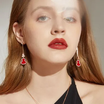

Gourd Earrings Women's 925 Sterling Silver Fashion Micro-Diamond Red Agate Long Tassel Temperament Luxury Chinese Style Earrings