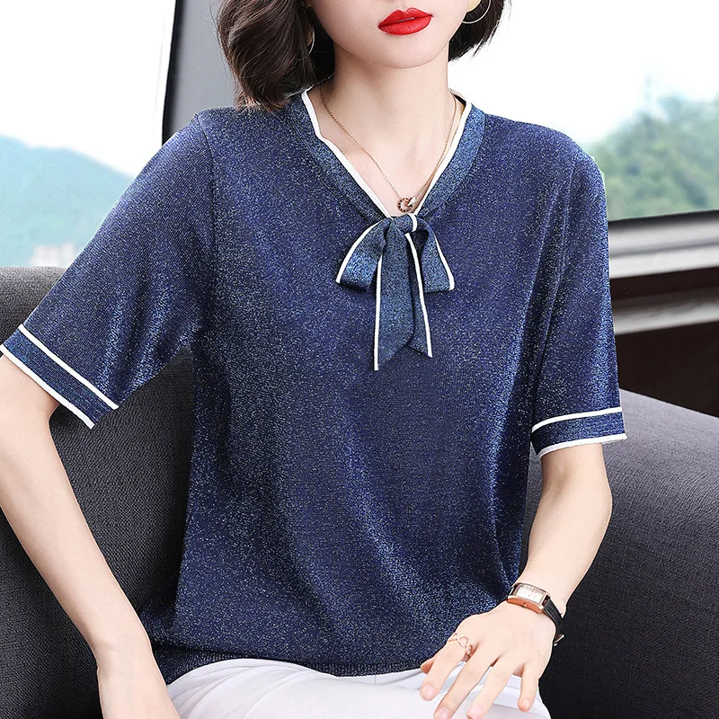 

V Neck Lace Up Solid Short Sleeve Shirts Blouse Women Summer Fasion Ice Silk Casual Loose T Shirts Elegant Pullover OL Sexy Tops