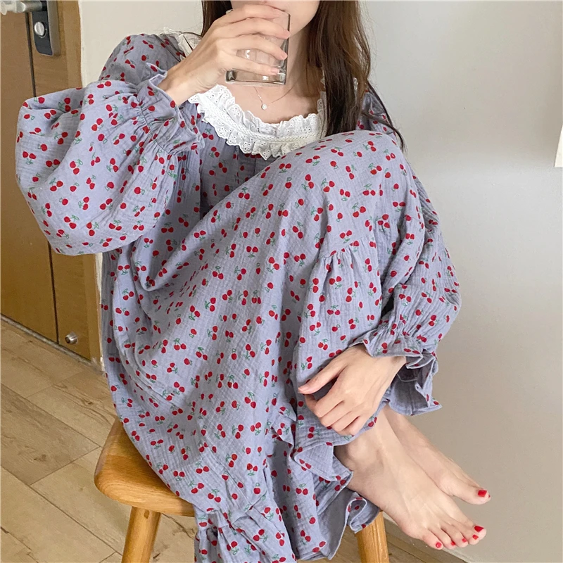 

Lace Ruffles Home Suit Nightgown Cherry Print Cotton Sleepwear Long Sleeve Autumn Sleepwear Sweet Kawaii Korean Japanese A007
